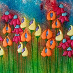 Colorful abstract flowers against a vibrant gradient background.