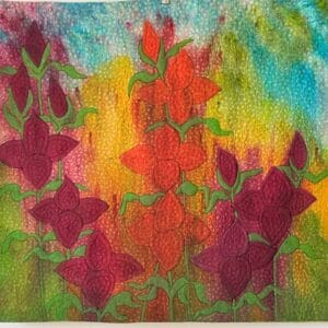 Colorful abstract floral painting with red and purple flowers.