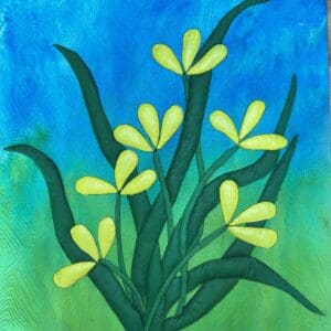 Yellow flowers with green leaves against a blue sky background.