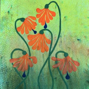 Abstract painting of orange flowers on a green textured background.