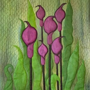Abstract purple flowers with green stems on textured green background.