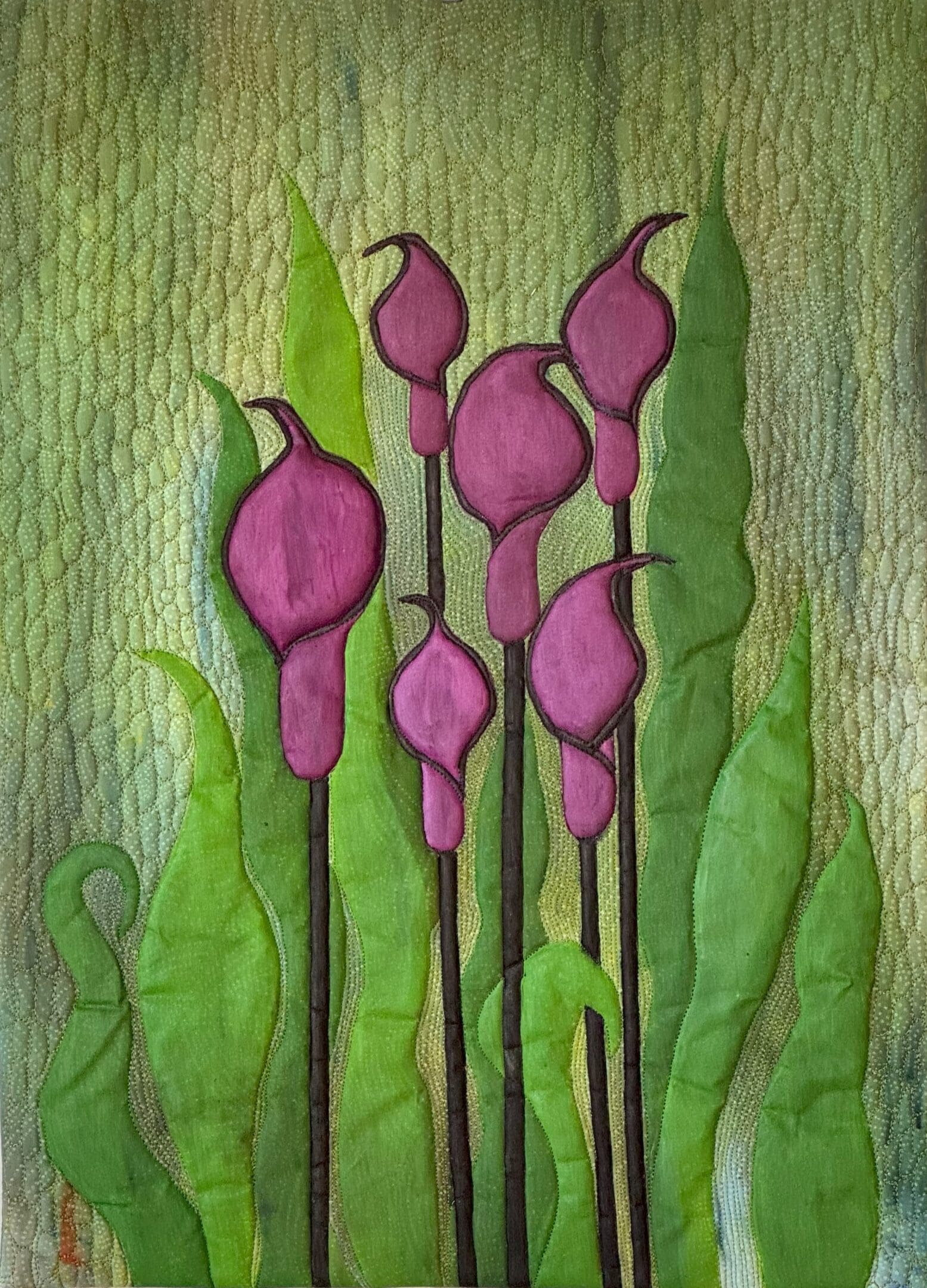 Abstract purple flowers with green stems on textured green background.