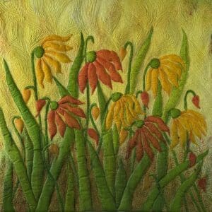 Abstract painting of colorful flowers with green stems on a textured background.