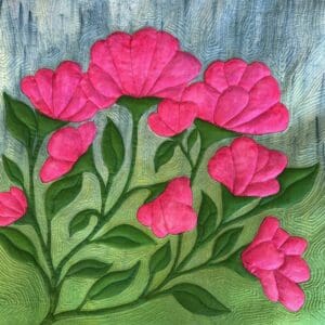 Bright pink flowers with green leaves on a textured background.