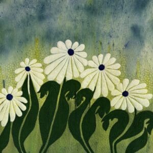 Illustration of white daisies with dark centers and green leaves against a textured blue-green background.