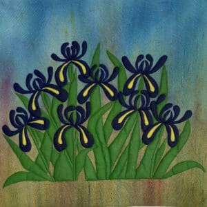 Purple irises with green leaves on a blue and brown background.