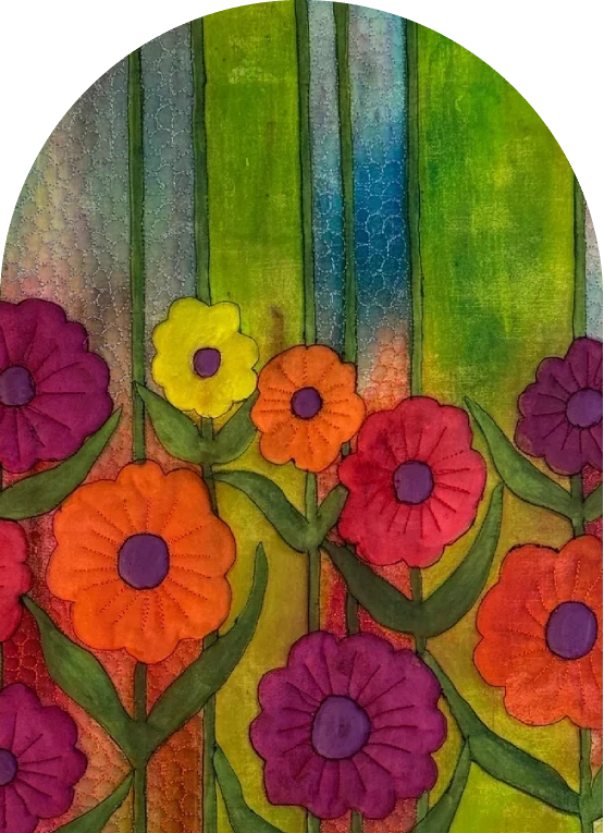 Colorful flowers in front of a vibrant green and blue background.