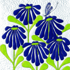 Illustration of blue flowers with a butterfly perched on one.
