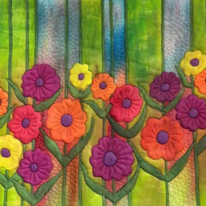 Colorful flowers bloom in a vibrant, textured garden scene.
