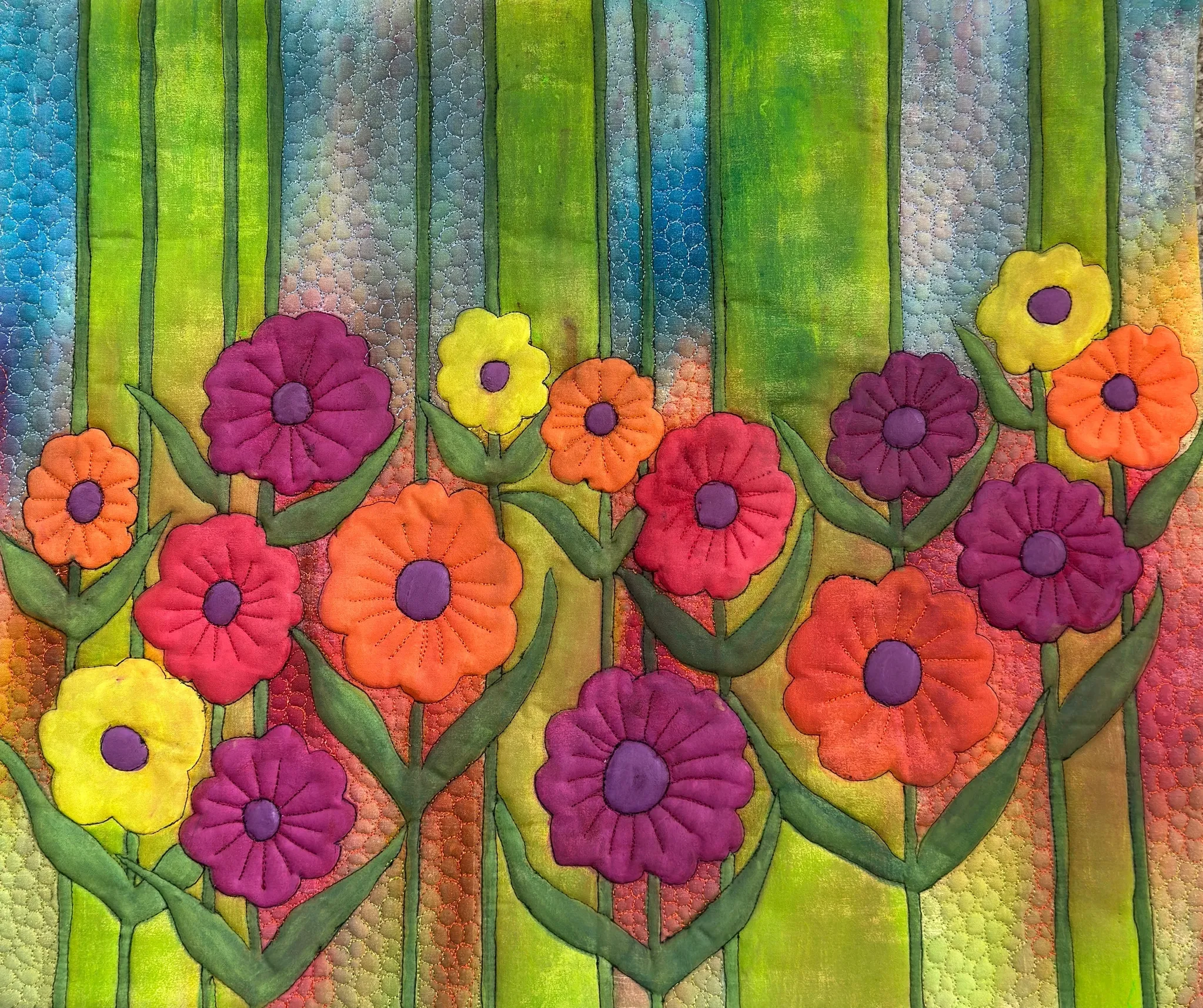 Colorful flowers bloom in a vibrant, textured garden scene.